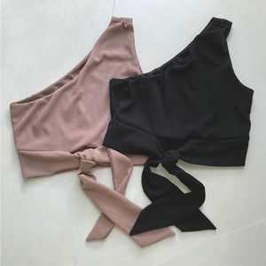 MEEK Set of 2 Black Taupe One Shoulder Crepe Crop Tops Front Tie - Small